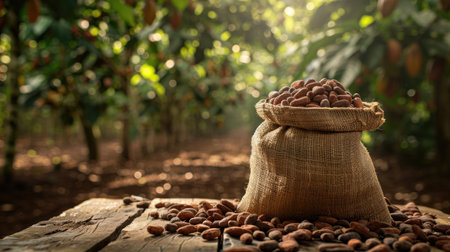 Cocoa beans harvested and placed in a jute sack on a wooden table, with a blurred crop farm background, emphasizing the cocoa plant for consumptionの素材
