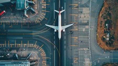 Aerial view of airport runways with airplanes, representing air traffic control and transportation logistics.の素材