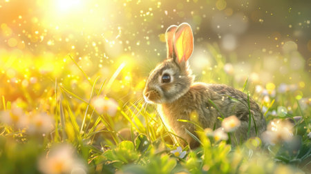 Adorable fluffy bunny hopping through the morning meadow, sunlit green grass field, symbolizing Easter festivities.の素材