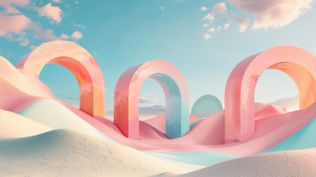 3D render of a surreal pastel landscape with geometric shapes and arches, abstract desert dunes, blue sky, and cloudsの素材