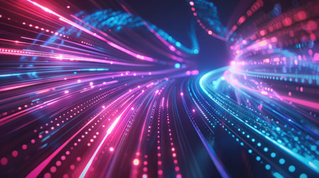 Abstract motion light trails with vibrant neon lines, showcasing futuristic technology and virtual reality dynamics.の素材