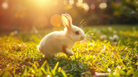 Cute fluffy little rabbit on a meadow grass field in the morning, happy bunny running in green garden with sunlight background, symbol of Easter festival day.の素材