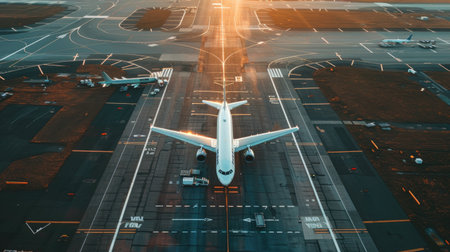 Aerial perspective of an airport with airplanes on the runway, highlighting air traffic and transportation logistics.の素材