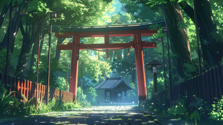 Beautiful anime background featuring a Torii gate leading to a serene shrine.の素材