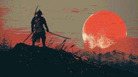 Detailed vector of a samurai silhouette, capturing the essence of Japanese culture.の素材