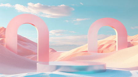 Minimalist 3D render of a pastel landscape, including arches and a podium, colorful dunes, blue sky, and clouds.の素材