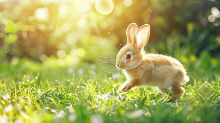 Cute fluffy little rabbit on a meadow grass field in the morning, happy bunny running in green garden with sunlight background, symbol of Easter festival day.の素材