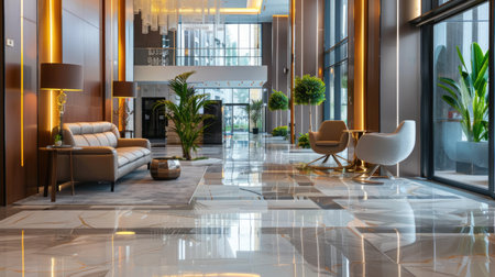 Modern hotel lobby with a luxury reception area and relaxing zone for guests, elegant interior design.の素材