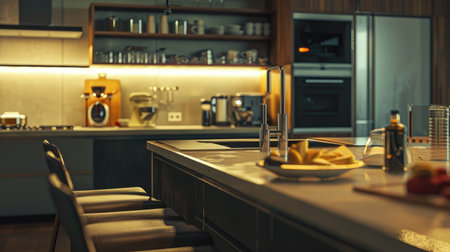 Modern kitchen interior with chic home decor, including a counter bar and state-of-the-art cooking equipment, creating a luxurious cooking spaceの素材