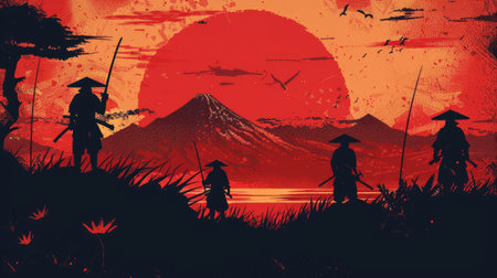 Dynamic vector of samurai warriors in silhouette, set against a classic Japanese backdrop.の素材