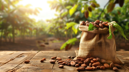 Jute sack of cocoa beans on a wooden table, with a blurred background of cocoa farms, illustrating the fresh harvest for consumptionの素材