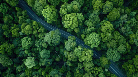 High-angle aerial view of a forest with an asphalt road, representing a healthy environment and green economy.の素材
