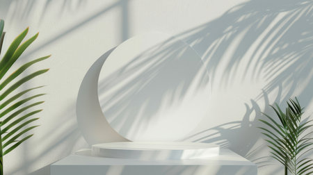 Minimalistic 3D render of a white blank cylinder frame with summer background, featuring subtle palm leaf shadows for an elegant displayの素材