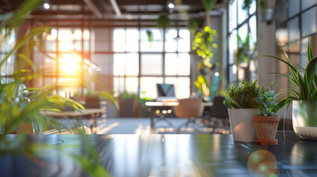 Modern office interior, blurred background showing workspace design, panoramic glass window viewの素材