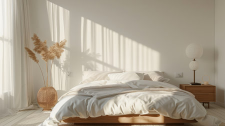 Modern minimal bedroom with cozy coastal style and home decor mock-up, featuring a comfortable bed.の素材