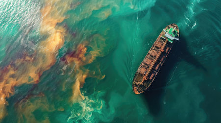 Ocean pollution caused by an oil spill from a cargo ship, illustrating the severe environmental damage and dangerous chemicals involvedの素材