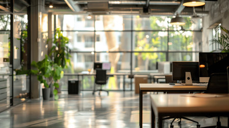 Office interior with modern design, blurred during working hours, indoor workspace with glass windows.の素材