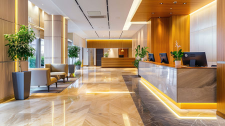 Stylish hotel lobby interior with reception desk and guest relaxation area, showcasing modern design and comfort.の素材
