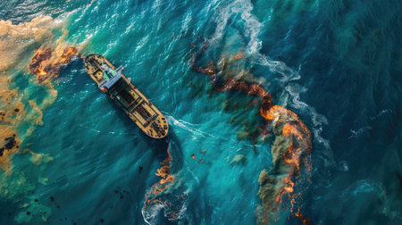 Oil spill from a ship in the sea, highlighting ocean pollution and the dangerous impact of maritime accidents with a focus on environmental hazardsの素材