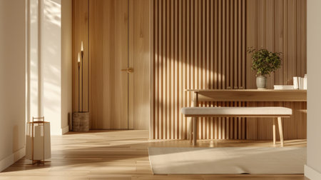 Modern wooden entrance hallway interior, stylish and cozy with a contemporary desk, stand, and shoe bench.の素材
