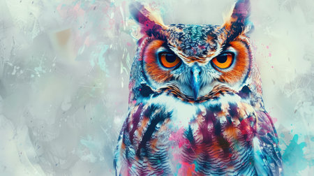 Owl portrait with abstract double exposure paint, showcasing a blend of colorful, artistic elements for a striking and unique imageの素材