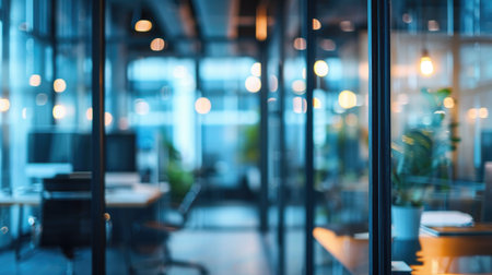 Office interior with modern design, blurred during working hours, indoor workspace with glass windows.の素材