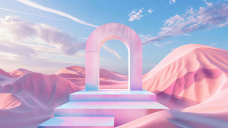 Surreal pastel landscape in 3D render with arches and podium, panoramic view, vibrant dunes, blue sky, and cloudy backdrop.の素材