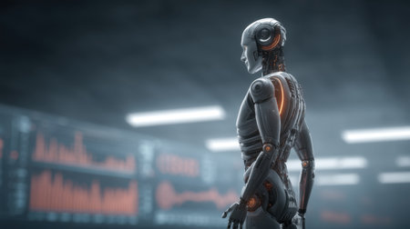 A stunning humanoid robot stands in a modern tech environment, showcasing advanced technology and data visualization, reflecting the future of artificial intelligence and innovation.の素材