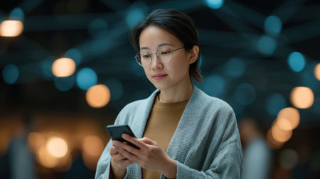 A young woman interacts with her smartphone, engrossed in the glow of modern lights around her, reflecting a blend of technology and contemporary lifestyle in the urban setting.の素材