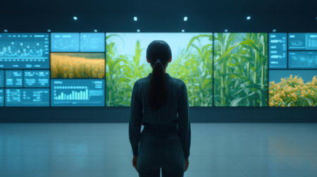 A woman stands in a modern control room, viewing large digital displays showing agricultural data and vibrant greenery, highlighting innovation in farming technology.の素材