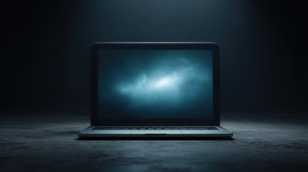 A sleek laptop with a bright glowing screen sits in a dark environment, emphasizing a modern and innovative aesthetic, perfect for technology and digital themes.の素材