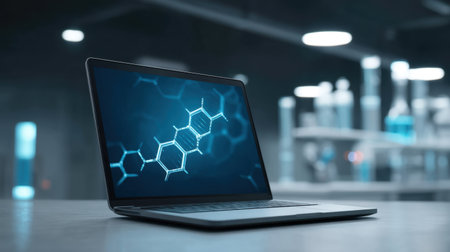 A sleek laptop showcasing a detailed molecular structure on its screen, situated in a contemporary laboratory filled with scientific tools, embodying innovation and research.の素材