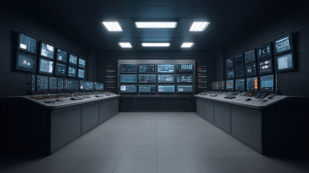 Experience a modern control room filled with numerous digital screens showcasing data metrics and analytics, highlighting advanced technology in a sleek workspace.の素材