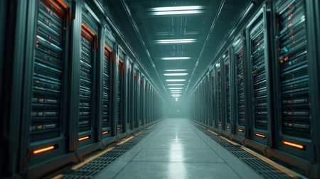 A high-tech corridor in a data center showcases rows of server racks illuminated by ambient lighting, reflecting modern technology and infrastructure concepts.の素材
