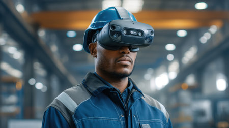 A focused industrial worker engages with a virtual reality headset, enhancing safety training in a modern warehouse. The immersive technology promotes effective learning and skill development.の素材