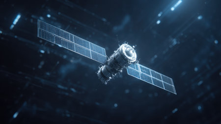 A detailed illustration of a futuristic satellite orbiting in space, featuring solar panels against a bright digital background, representing advanced technology and exploration.の素材