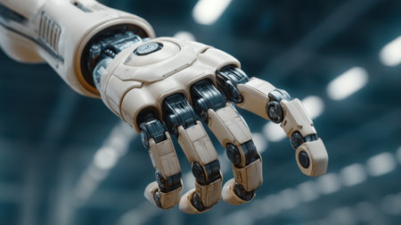 This image shows a close-up of a robotic hand designed for industrial applications, highlighting the intersection of engineering and advanced technology. Ideal for projects on automation.の素材