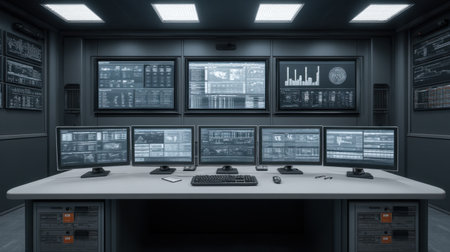 A modern control room equipped with multiple computer screens displaying various data and graphs. This sleek setup highlights advanced technology for efficient monitoring.の素材