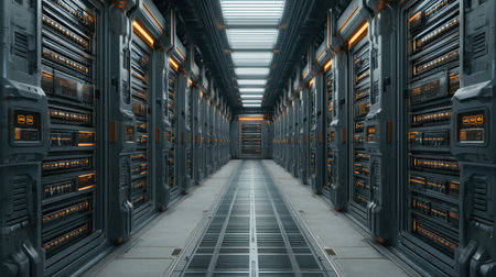 Explore a detailed view of a futuristic data center featuring advanced server racks and cutting-edge lighting, showcasing the core of modern technology infrastructure.の素材