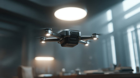 A modern drone hovers in an elegant office setting, showcasing cutting-edge design and technology. This image captures the blend of professionalism and innovation.の素材
