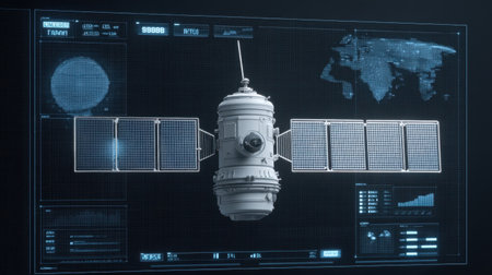 This image features a futuristic satellite model showcased on a holographic display, highlighting data analytics and technology used in space exploration and research.の素材