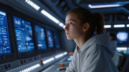 A young female character sits in a futuristic control room, immersed in various digital monitors. Her focused expression conveys determination and curiosity, perfect for sci-fi themes.の素材