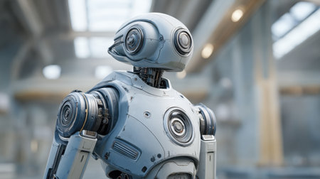 A captivating humanoid robot stands in a modern industrial interior, featuring sleek lines and intricate details that highlight advancements in technology and design.の素材