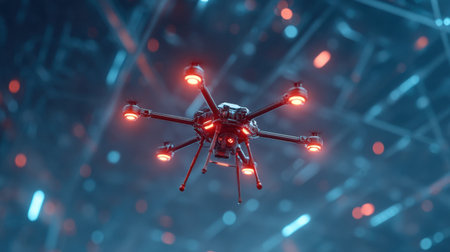 A striking drone with illuminated red lights soars through a vibrant, futuristic landscape, emphasizing modern technology and innovation in aviation and design.の素材