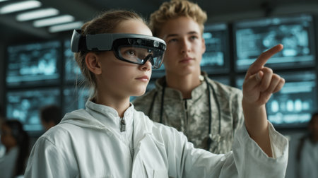 A young scientist wearing smart goggles explores advanced technology in a modern laboratory, highlighting the intersection of youth, innovation, and learning.の素材