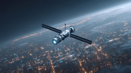 Stunning image of a satellite orbiting Earth at night, showcasing glowing city lights below. Perfect visual for themes related to space exploration, technology, and innovation.の素材