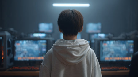 A young gamer in a cozy hoodie stands before multiple glowing screens in a dimly lit room. This scene captures the essence of modern gaming and esports culture.の素材