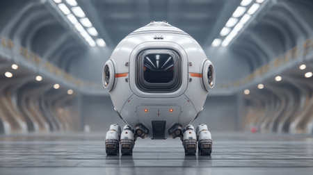 This image features a futuristic robotic vehicle with a sleek spherical design, positioned in a high-tech industrial environment, highlighting innovative engineering and style.の素材
