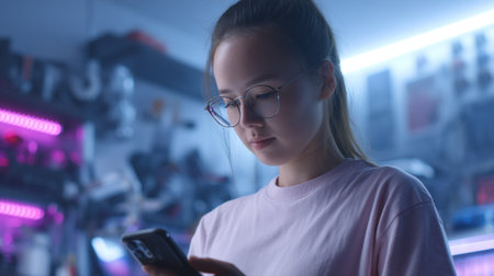 A young woman deeply engaged with her smartphone in a vibrant indoor space, illuminated by colorful neon lights, showcasing modern technology and lifestyle.の素材