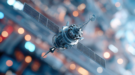 A futuristic satellite orbits in space, highlighted by solar panels and surrounded by a vibrant bokeh background. This image captures the essence of modern technology and exploration.の素材